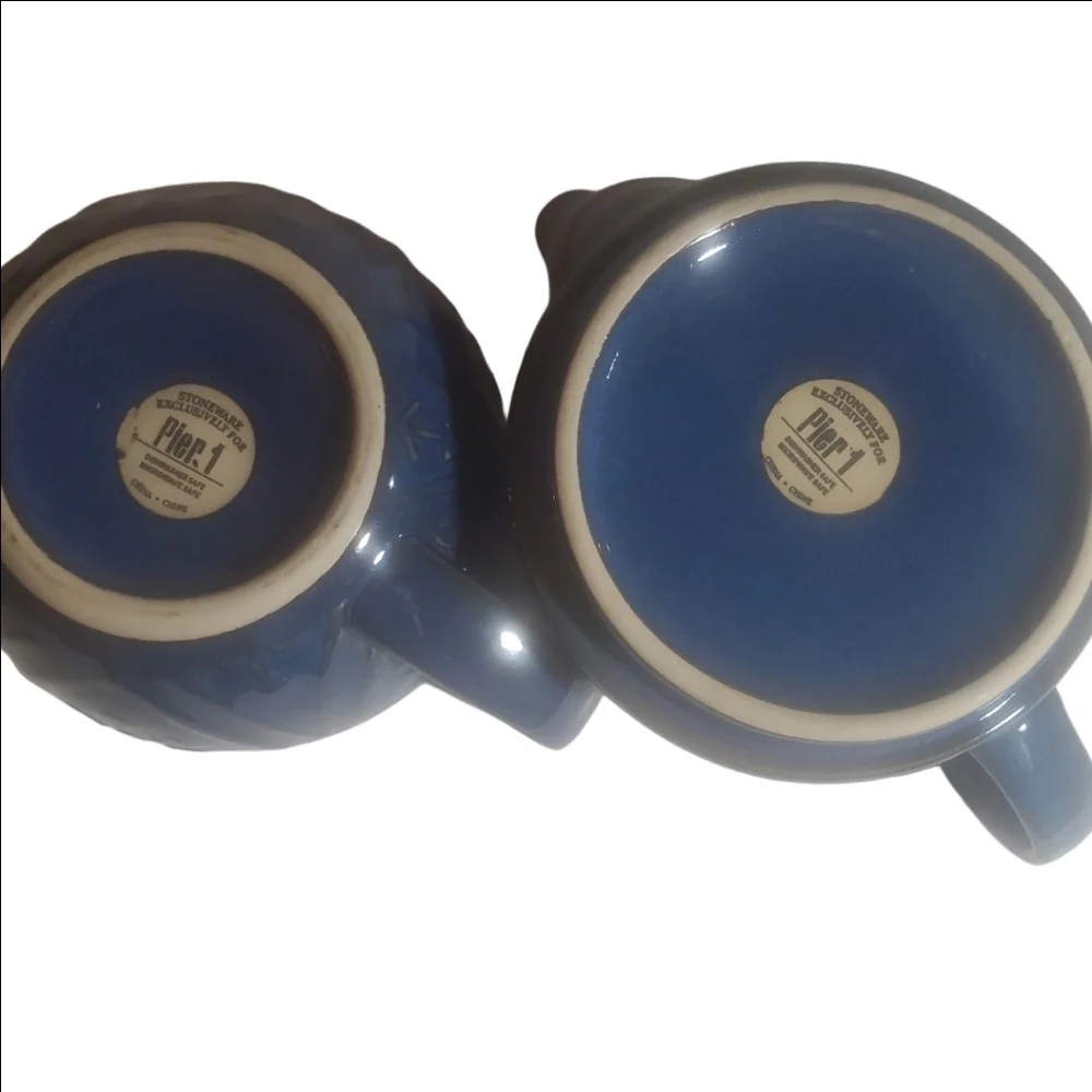 Vintage PIER 1 'Tea For One' Ceramic Stonewear Teapot Tea Cup Set Blue EUC